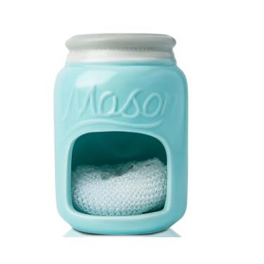Imagem de Comfify Suporte de esponja de cerâmica – Suporte para pia de fazenda azul aqua – acessório de cozinha em frasco de pedreiro – Inclui esponja grátis