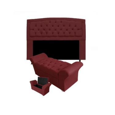 Imagem de Kit Cabeceira Geovana Com Baú Veneza King 195 cm Suede Vermelho Bordo 