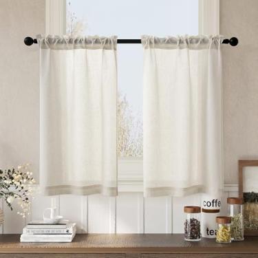 Imagem de Cortinas de cozinha de linho creme, 91 cm de comprimento, bolso para varão, conjunto com 2 painéis, privacidade, filtragem de luz, semitransparentes, boho, pequenas cortinas para janela de banheiro