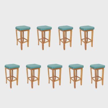 Imagem de Kit 09 Banqueta Alta Ben Gourmet Balcão Bistrô Cozinha Base Madeira Maciça Suede Azul Turquesa - Ahz Móveis