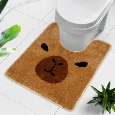 Imagem de NIGOWAYS Capybara Tapete higiênico fofo, lavável em forma de U, macio e absorvente, tapete de banheiro antiderrapante, tapete de contorno de banheiro para base de banheiro (marrom, 61 cm x 50 cm)