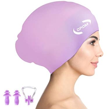 Imagem de Touca de natação de silicone para mulheres e homens, chapéu de natação de alta elasticidade para cabelos longos, touca de banho impermeável com tampões de ouvido e clipe de nariz, mantém o cabelo