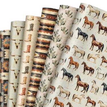Imagem de FYSUIMU 12 folhas de papel de embrulho caubói ocidental - não rolo - papel de embrulho vintage de vaca cavalo cacto dobrado plano para artesanato faça você mesmo, aniversário de rodeio do oeste