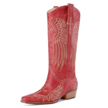 Imagem de RONILURN Botas femininas cano alto cowboy cowgirl botas ocidentais altas bico quadrado salto grosso retrô vestido feminino confortável bordado bota, Vermelho, 37