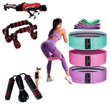 Imagem de Kit 3 Faixas Mini Band + Corda De Pular + Punho De Flexão