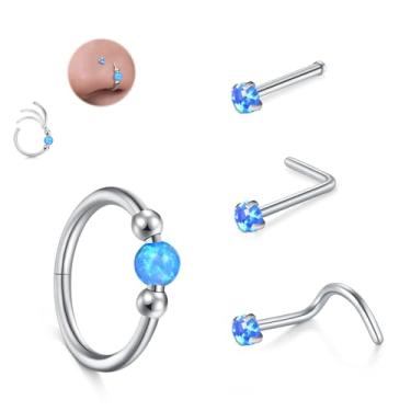 Imagem de JFORYOU Conjunto de anéis de nariz 18G para mulheres, aço inoxidável, hipoalergênico, em forma de L, saca-rolhas, pinos de nariz reto, opala articulada, segmento de clique, argolas de nariz, argolas