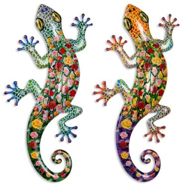 Imagem de Pipilily Pacote com 2 peças de arte de parede de lagartixa de metal, lagarto de metal, decoração de escultura para pendurar no jardim, quintal, sala de estar, quarto, pátio, varanda (estilo 2)