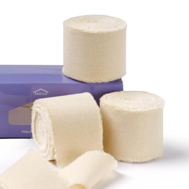 Imagem de FAKILO Fita de algodão rústico natural com borda desgastada, fita 100% algodão champanhe 3,8 cm x 18 m para buquês de casamento vintage, convites, chá de bebê, embrulho de presente, artesanato DIY