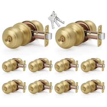 Imagem de LOQRON Maçaneta de porta esférica plana com chave dourada escovada, com chaves e fechadura, pacote com 10 maçanetas de entrada redonda com chave para portas de frente/entrada, acabamento em latão