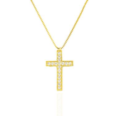 Imagem de Colar Crucifixo Cravejado Cristal Banhado a Ouro
