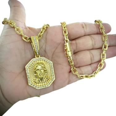 Imagem de Cordão 6Mm Cadeado + Pingente Jesus Face - Banhado A Ouro
