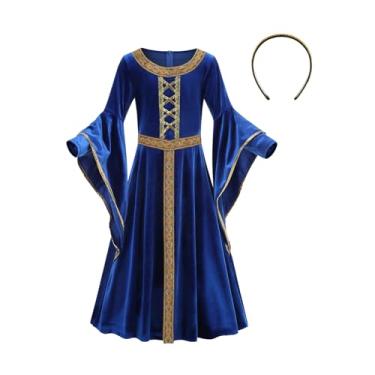 Imagem de AGCOAH Fantasia de princesa medieval para meninas, vestido renascentista, fantasia de aurora, personalizada, 2 peças (aro dourado azul-M-6-8 anos)
