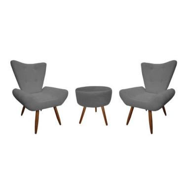 Imagem de Kit 2 Poltronas Decorativa Emilia + Puff Redondo Suede Cinza Pés Madei