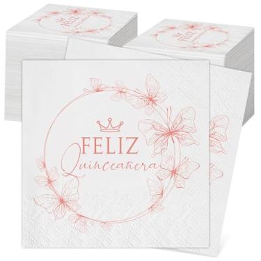 Imagem de Kosiz 100 peças Mis 15 Quince Girls Guardanapos de coquetel de festa de aniversário de 15 anos desdobrados 23 x 23 cm, 3 camadas, artigos de mesa de papel para decoração de quinze anos, rosa