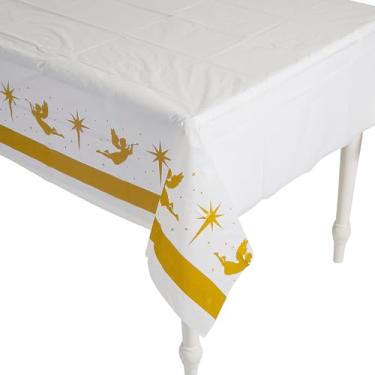 Imagem de Elegante toalha de mesa de plástico branco com folha dourada - 137 x 274 cm (1 pacote) - apresenta silhuetas de anjo e estrela - ideal para celebrações de Natal ou férias