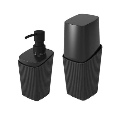 Imagem de Kit Banheiro Porta Escova Dispenser Sabonete Líquido New Square Preto - Coza