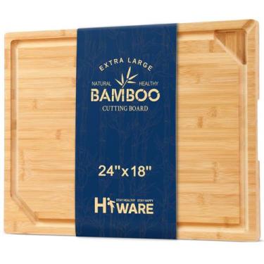 Imagem de Tábua de servir de bambu HIWARE 24x18cm com alça e ranhura para suco