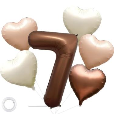 Imagem de Balões de chocolate de 101,6 cm, número 7, marrom, grande, grande, hélio, número Mylar, balão com 5 peças de balões de coração para decoração do primeiro aniversário de 7 anos de menina e menino