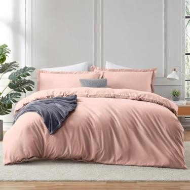 Imagem de Hearth & Harbor Capa de edredom rosa blush com lençol de elástico tamanho casal – conjunto de cama macio escovado de 4 peças, inclui 1 capa de edredom com fecho de botão, 1 lençol com elástico, 2