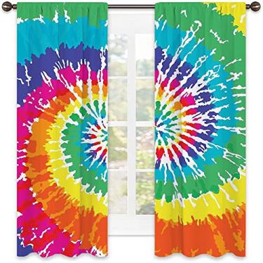 Imagem de Cortinas blackout com bolso de haste para quarto arco-íris, vórtice espiral digital, estampa psicodélica colorida dos anos 60, para sala de estar ou quarto, L 106 x C 150 cm laranja verde