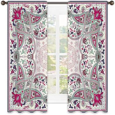 Imagem de Cortina blackout Paisley, estampa quadrada ornamental geométrica, imagem moderna detalhada, para sala de estar ou quarto, L 106 cm x C 150 cm verde pálido azul marinho