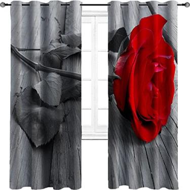 Imagem de Cortina isolada de rosas, rosas vermelhas em um piso de madeira cinza antigo, tecido impermeável, 2 painéis por grupo são usados na sala de estar ou quarto, L 182 x C 84 polegadas vermelho e cinza