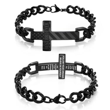 Imagem de Saintda Pulseira masculina com cruz de bênçãos da bandeira americana, corrente cubana preta de aço inoxidável ajustável de 34,3 cm, joia religiosa cristã, presente para ele, Medium, Sem Pedra Preciosa