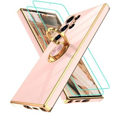 Imagem de Gritup Capa para Samsung Galaxy S24 Ultra: com 2 peças de protetor de tela, suporte de anel de rotação de 360°, suporte magnético banhado a ouro, borda dourada, capa protetora à prova de choque para