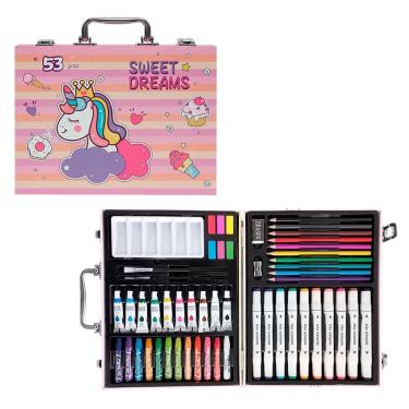 Imagem de Maleta de Pintura Infantil 53 Peças Estojo Criança Lapis de Cor Canetinha Tinta  Pincel Pintura Desenho Diversao