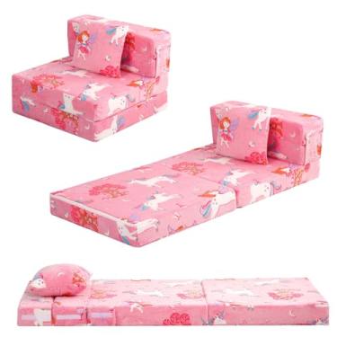 Imagem de MeMoreCool Cama dobrável para cadeira futon para crianças, sofá-cama dobrável com três folhas, colchão de sofá infantil conversível, sofá de espuma para sentar, rosa
