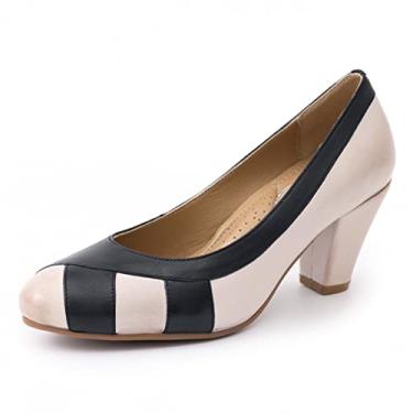 Imagem de Mona flying Sapato feminino de couro com salto médio bico fino para escritório, Bege preto, 9