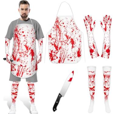 Imagem de Fantasias de Halloween, faca sangrenta falsa de açougueiro horrível com meias de sangue, luvas avental para fantasias de açougueiro, conjunto assustador, decorações de festa de Halloween, tamanho