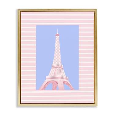 Imagem de Stupell Industries Torre Eiffel sobre listras rosas, moldura dourada, tela flutuante, arte de parede, design de Pooja Dave, 78 x 63 cm