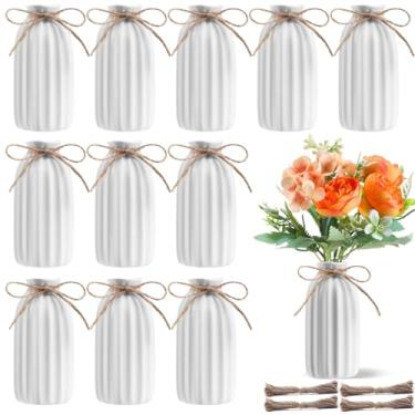 Imagem de Ninehaoou Pacote com 12 vasos de cerâmica branca a granel com cordas de barbante pequenos vasos de flores com nervuras para mesa rústica boho centro de mesa pampa grama moderna boho decoração de festa