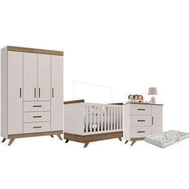 Imagem de Quarto De Bebê Retrô Maya Com Berço Americano Vitória Off White Carvalho Com Colchão Gazin ? Carolina