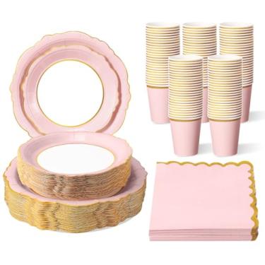 Imagem de Tioncy 200 peças de pratos de papel descartáveis, copos e guardanapos, suprimentos de festa, serve para 50 convidados, conjunto de louça descartável de papel recortado, para aniversário, casamento