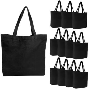 Imagem de Sacolas de lona em branco, pacote com 3 de 40 x 35 cm 355 ml Sacos de compras reutilizáveis naturais de supermercado a granel, bolsa simples para decorar artesanato, faça você mesmo, grande bolsa de lona preta para mulheres meninas viagens de praia