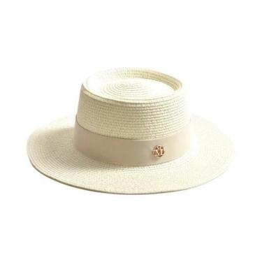 Imagem de Chapéu De Sol De Palha De Verão Feminino Aba Plana Fita Boné De Praia 