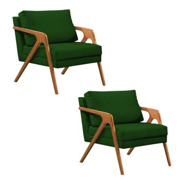 Imagem de Kit 2 Poltronas Mona Monique Luxo Base Madeira Maciça Cerejeira Veludo Verde