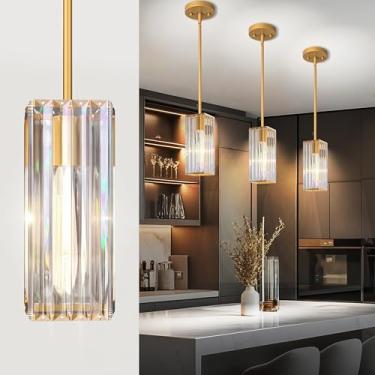 Imagem de GOOUQA Luzes pendentes de cristal para ilha da cozinha - lustre ajustável dourado de 25,4 cm, luminária suspensa E26 regulável, iluminação moderna para bar de jantar