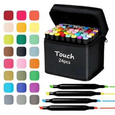 Imagem de Estojo 24 Canetinhas Profissionais Permanentes Dupla Artístico Colorir Desenhar Escola