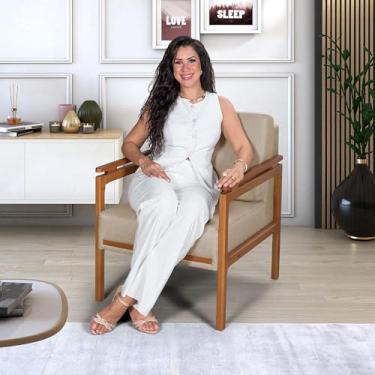 Imagem de Poltrona Decorativa Montreal Linho Para Sala Pés De Madeira Casa Imperial (BEGE)