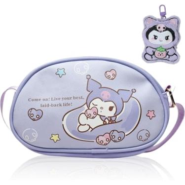 Imagem de Linda bolsa tiracolo Kumi com alça de ombro ajustável e chaveiro de pelúcia, bolsa kawaii com zíper, bolsa de ombro Kumi, bolsa de ombro, bolsa de moedas, acessórios para mulheres e meninas, Roxa