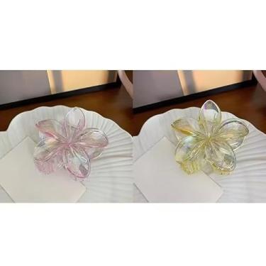 Imagem de Grampo de Cabelo Flor Frangipani Colorida Presilha Feminina Acrílica, Acessório de Praia e Resort para Mulheres(Rosa+Amarelo)
