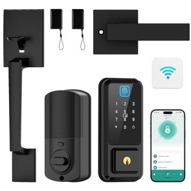 Imagem de Hunnay Conjunto de fechadura de porta frontal WiFi, fechaduras inteligentes para porta da frente, fechadura de teclado, controle de aplicativo de impressão digital, Bluetooth Alexa, trava automática