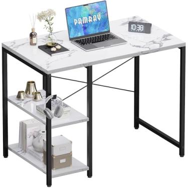 Imagem de Pamray Mesa de computador pequena de 81 cm com prateleiras, mesa de escritório em casa com gancho de fone de ouvido para quarto, mesa de computador de escrita de estudo para espaços pequenos, mármore