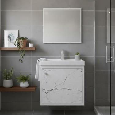 Imagem de Kit Armário para Banheiro 40cm MDF com Cuba + Espelheira - Veneto (Branco)