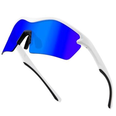 Imagem de BIRCEN Óculos de sol esportivos polarizados para homens - mulheres: óculos de proteção UV para pesca, condução, ciclismo, corrida, Armação branca tipo B, lente azul escura, não polarizada, Regular