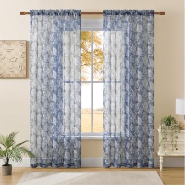 Imagem de Cortinas florais azuis 2 painéis de comprimento 2 painéis para quarto, bolso de haste francês, filtro de luz, cortinas de flores impressas para cortinas de sala de estar, 52 x 96
