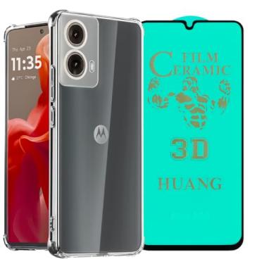Imagem de Kit Capa Capinha Transparente Anti Impacto para Moto G35 + Película 9D Cerâmica Flexível